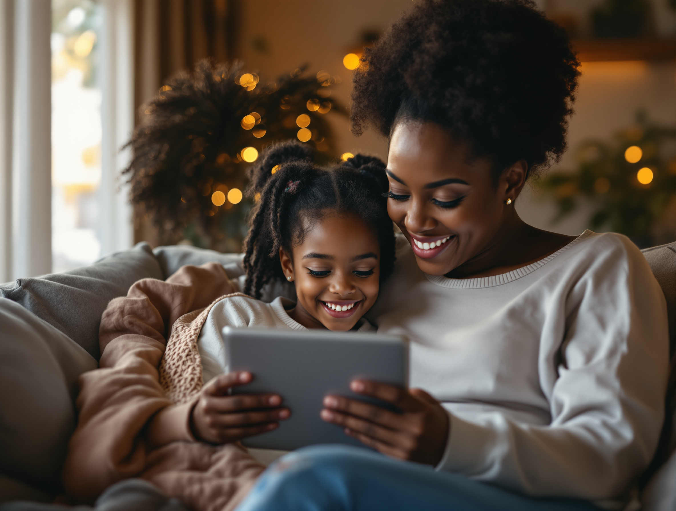 A mother and daughter reading together with joy on a tablet