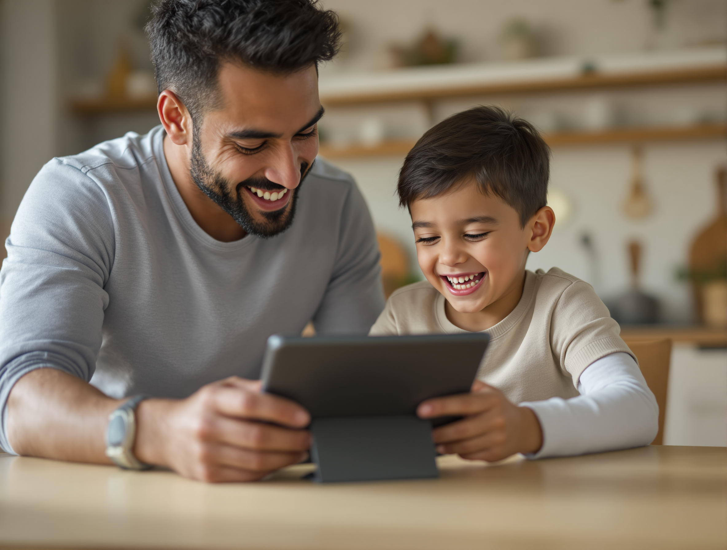 A father and son laughing during a reading game