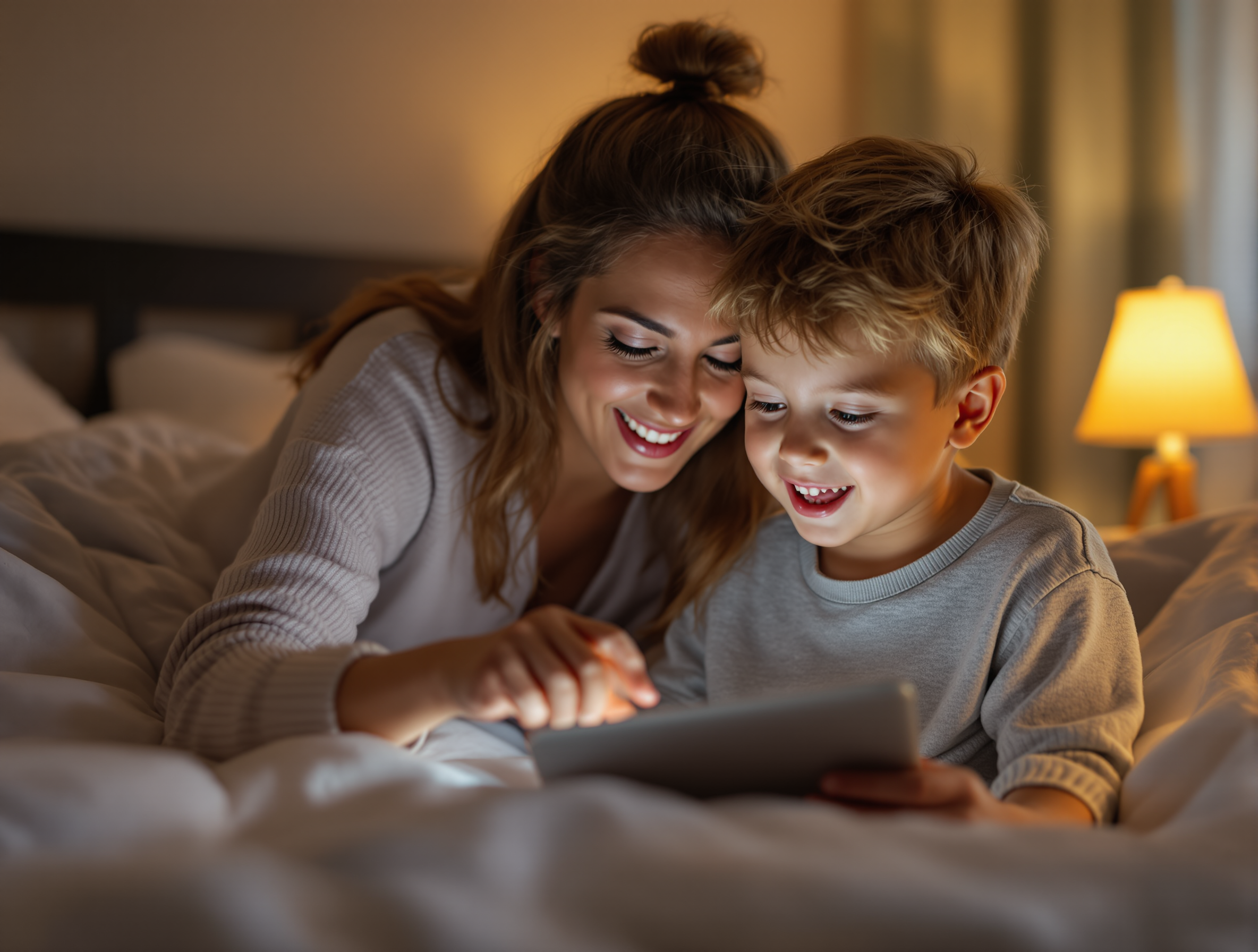A parent and child reading together at bedtime