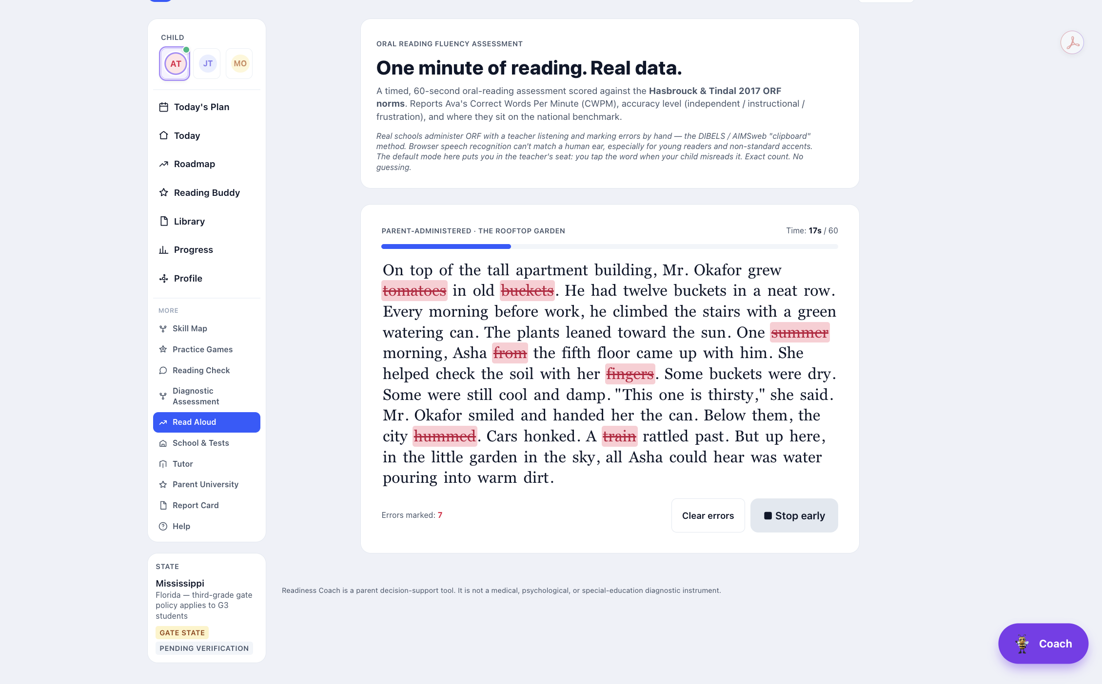 Oral reading assessment with real miscue data
