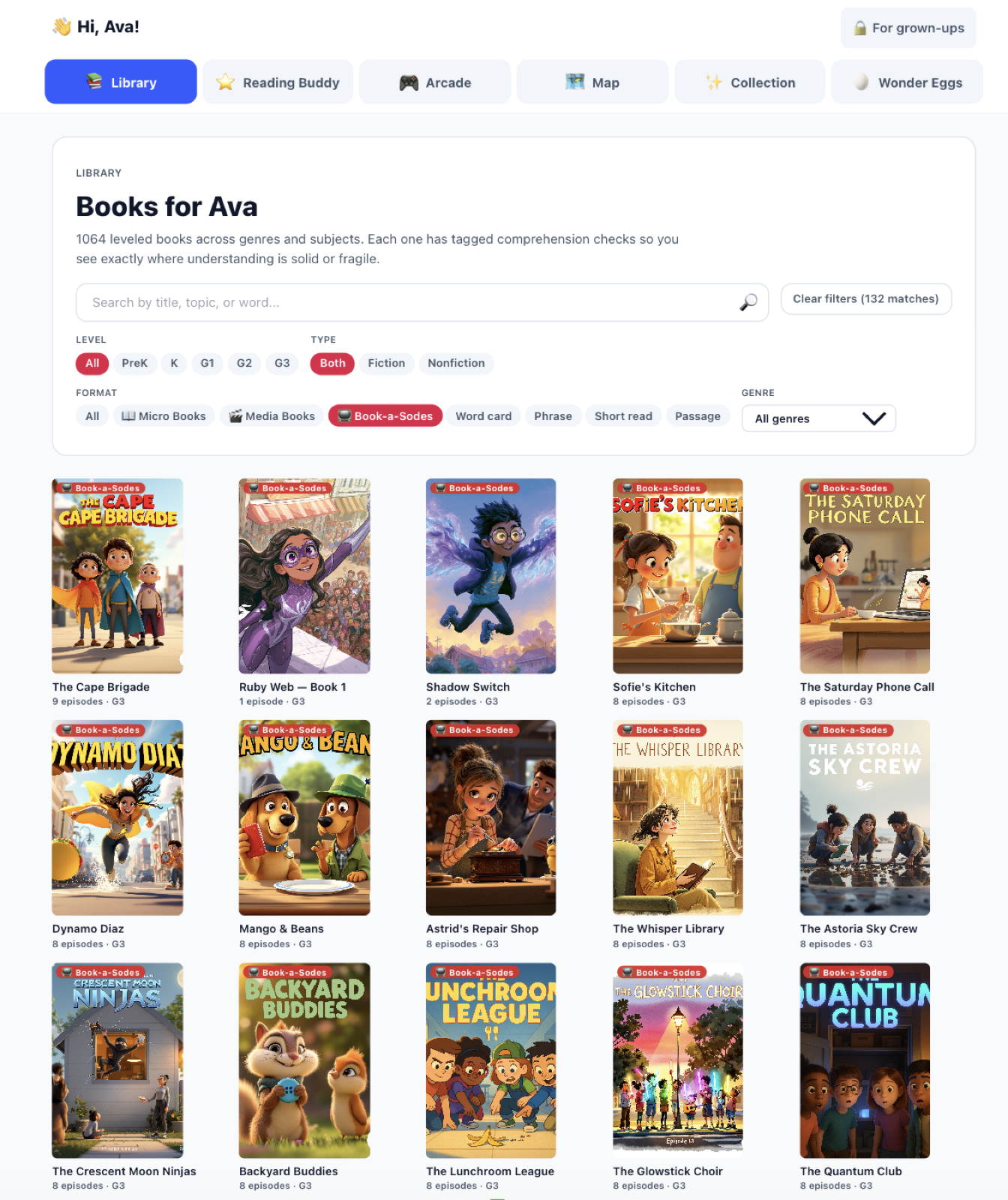 The student library with leveled Book-a-Sodes covers