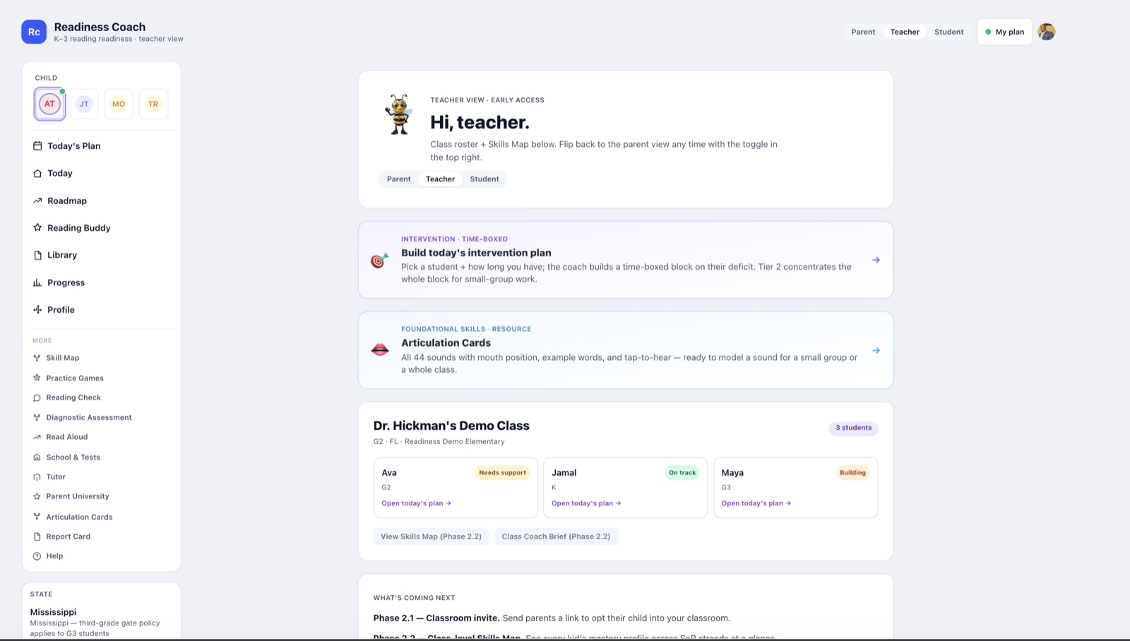 The teacher dashboard with a class roster