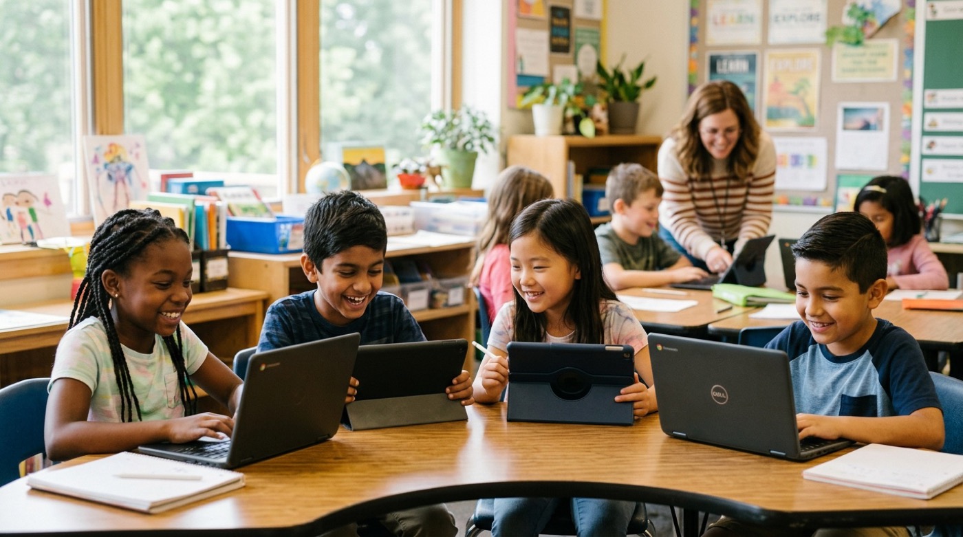 Students using tablets and laptops in a bright classroom